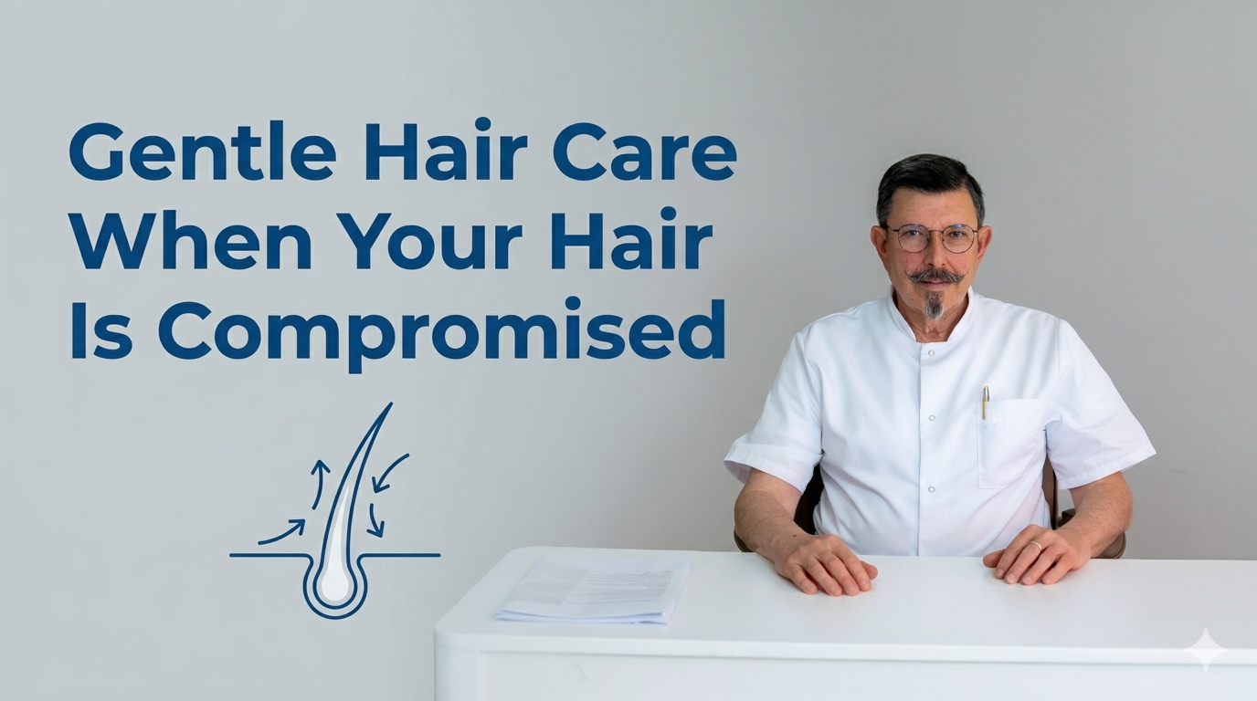 Gentle hair care when your hair is compromised blog title on a clean background