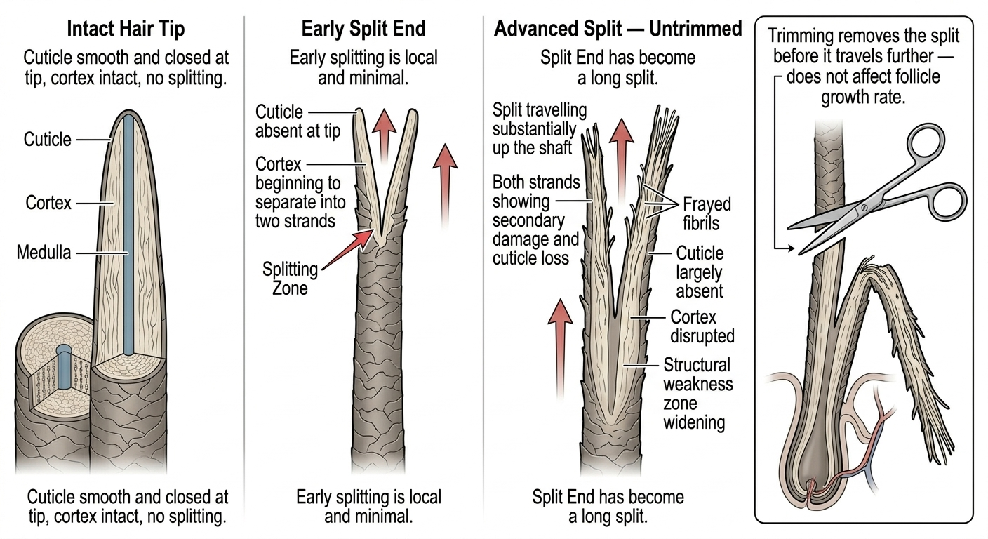  Diagram showing split end progression and the role of trimming