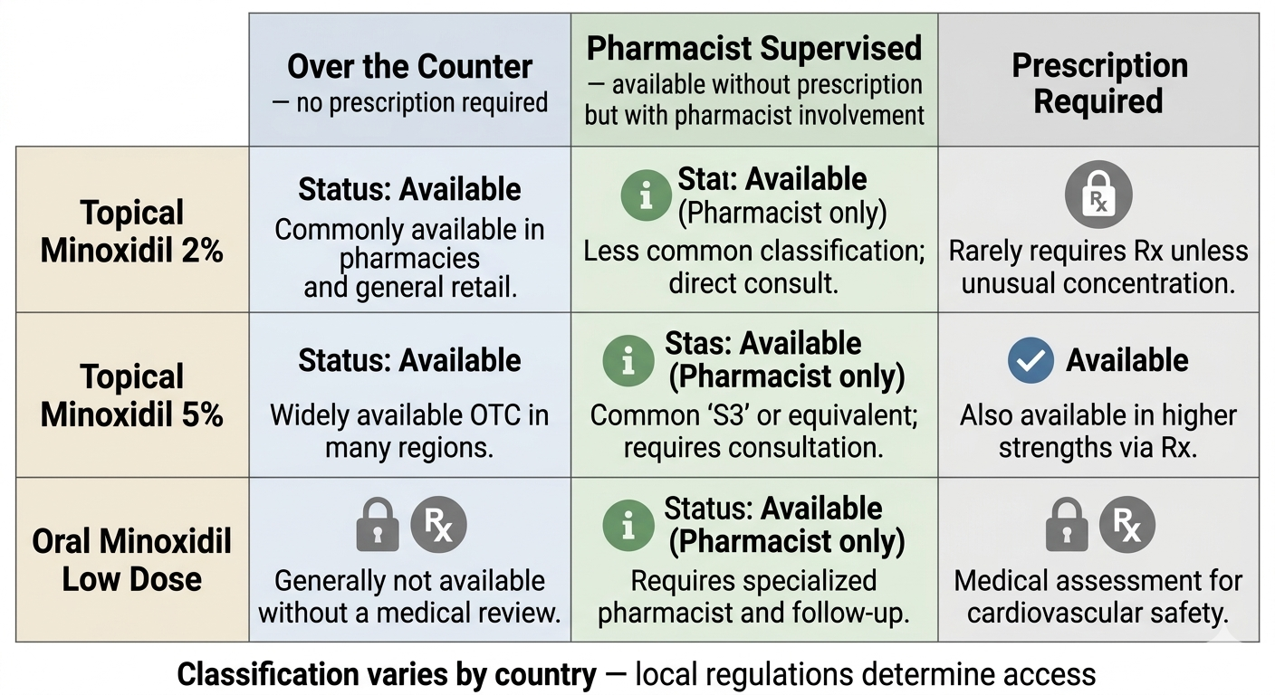 Diagram mapping the range of regulatory situations for minoxidil across formulations
