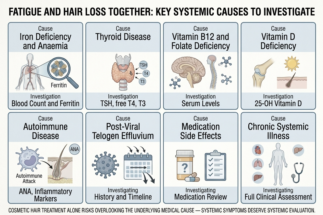 Summary diagram of systemic causes to investigate when fatigue and hair loss occur together