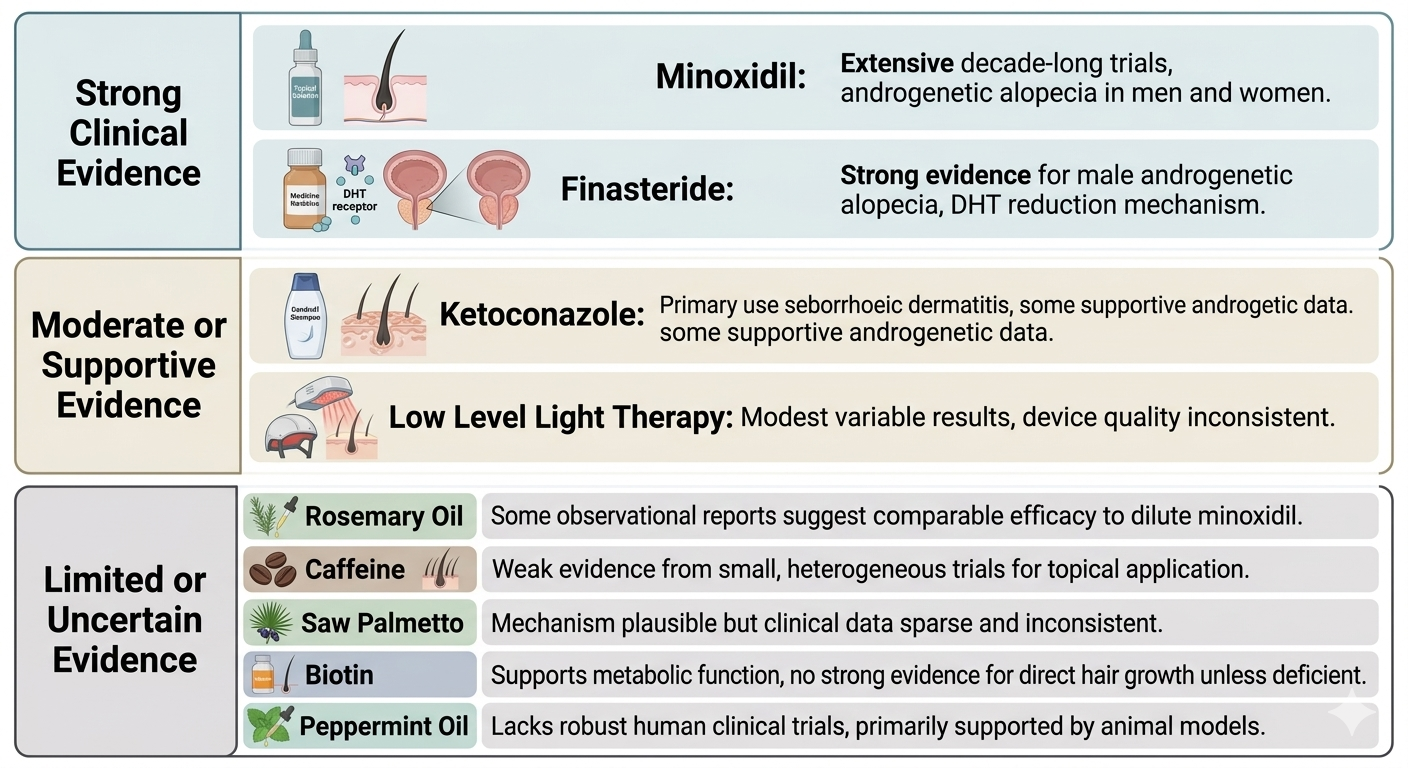 Evidence tier diagram for key hair loss treatments