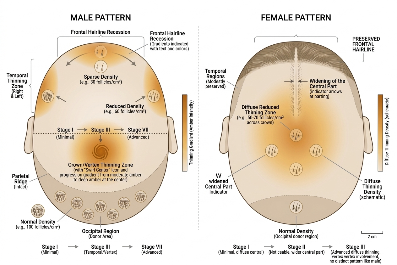Diagram comparing male and female androgenetic thinning patterns
