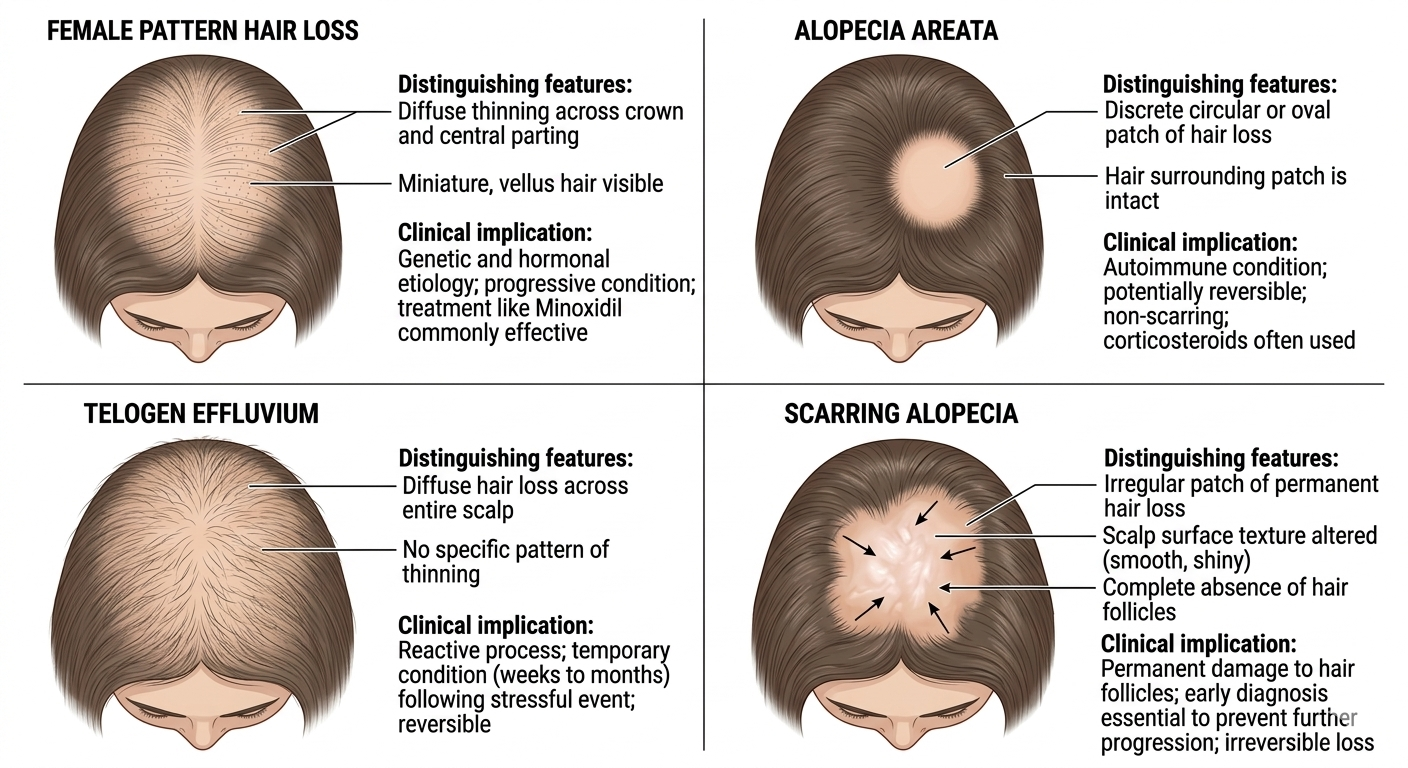 Diagram distinguishing female pattern hair loss from other conditions requiring different treatment