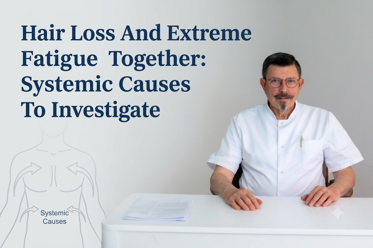 Hair loss and extreme fatigue together systemic causes to investigate blog title on a clean background