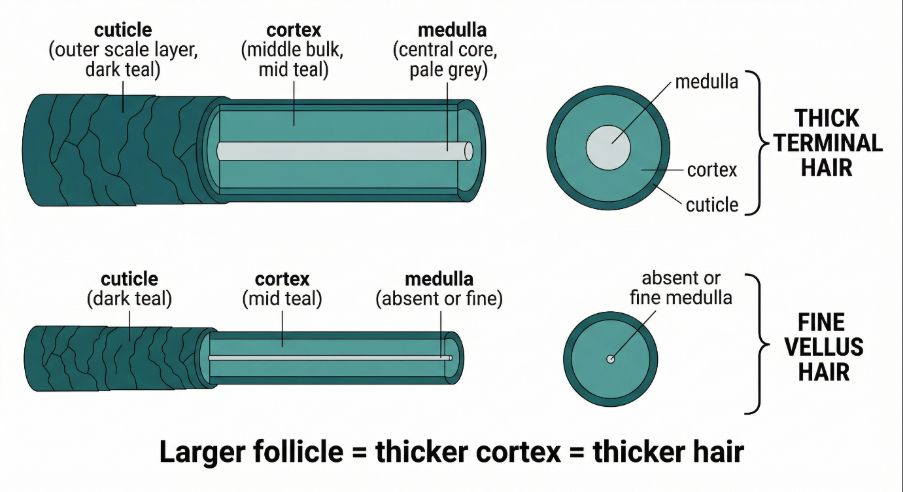 Follicle size and hair thickness correlation