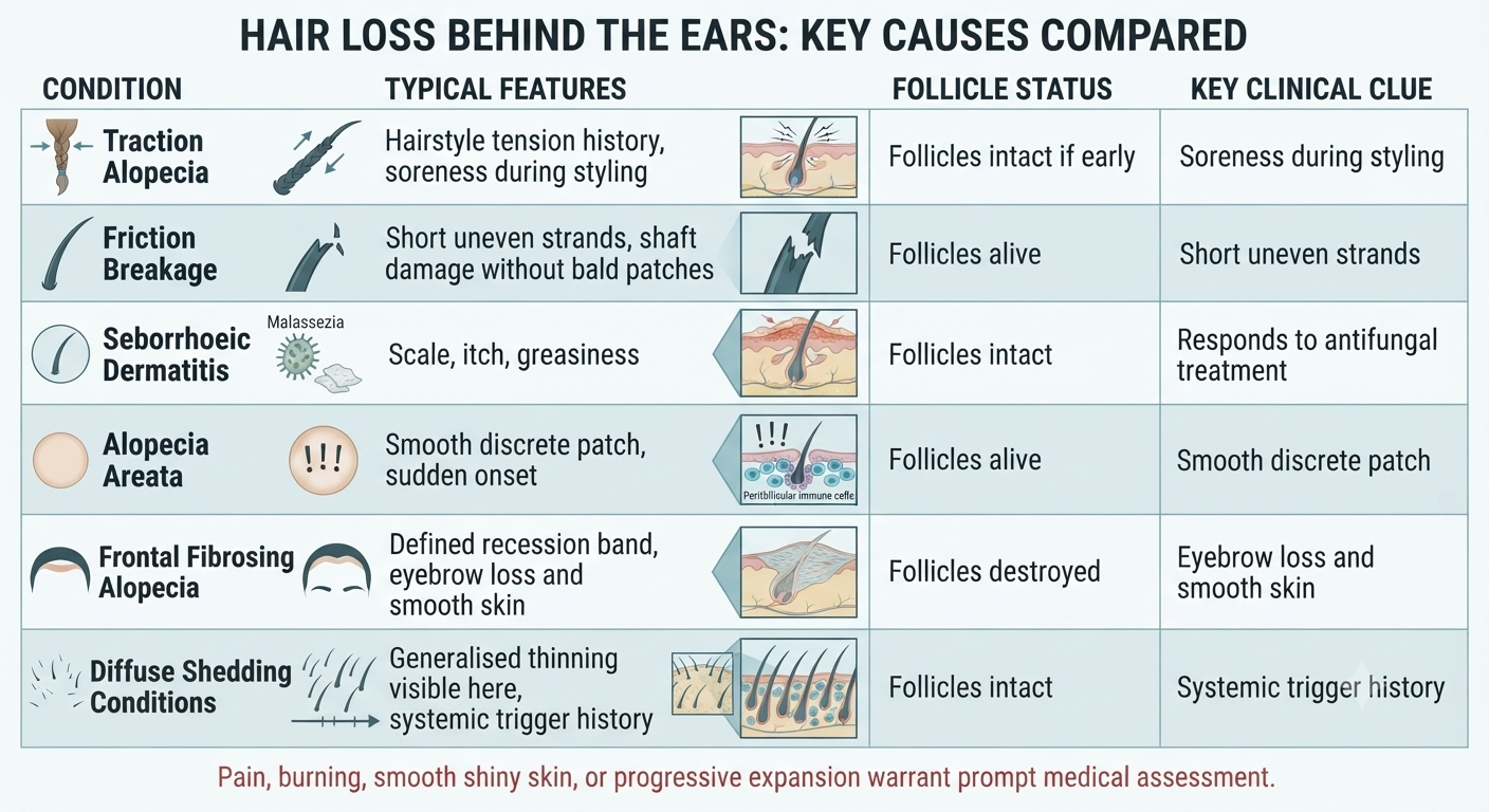 Summary diagnostic comparison of causes of hair loss behind the ears