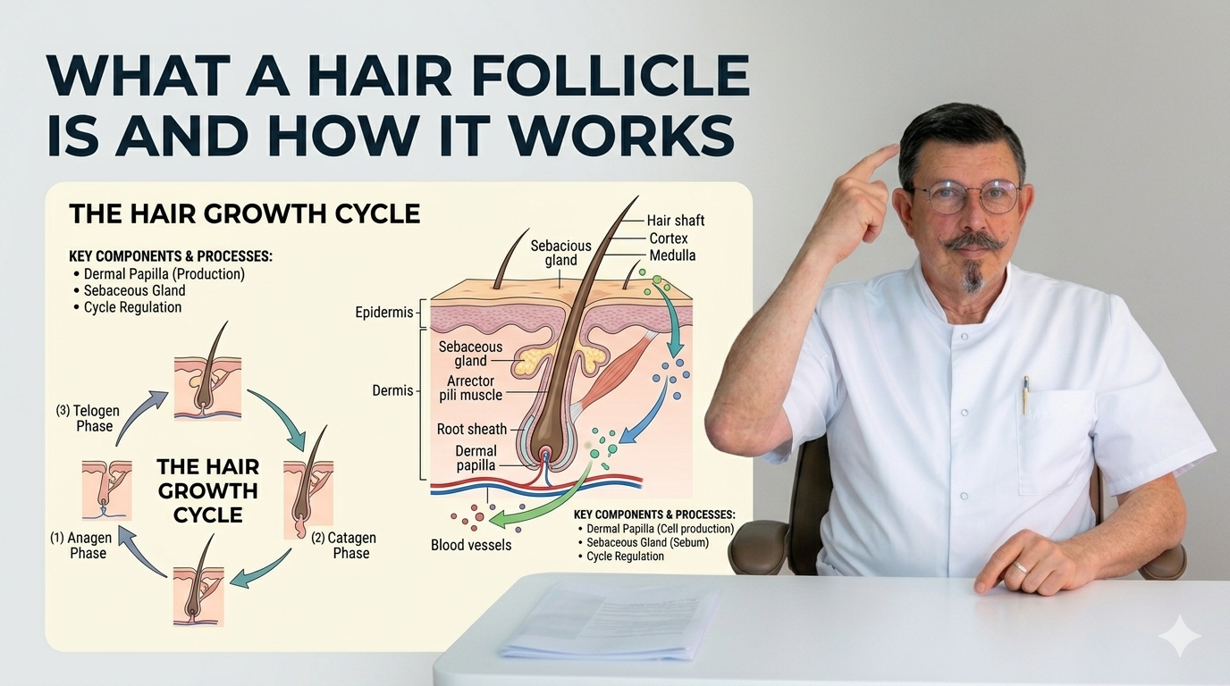 Hair follicle structure and function showing growth cycle and dermal papilla