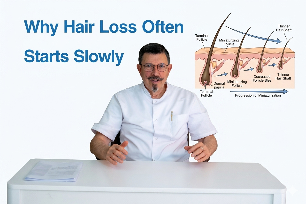Why hair loss often starts slowly blog title on a clean background