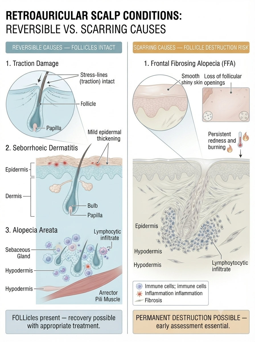 Comparison diagram distinguishing reversible from potentially scarring causes behind the ear