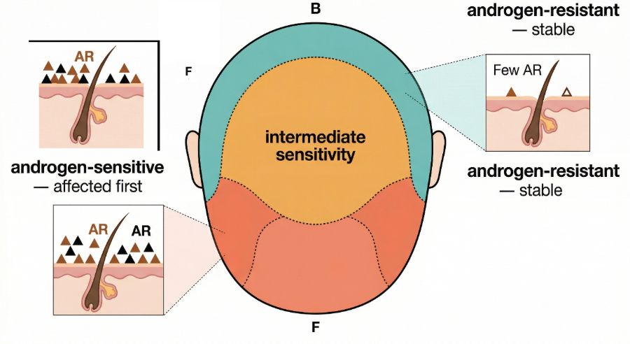 Androgen sensitivity and areas most likely to be affected