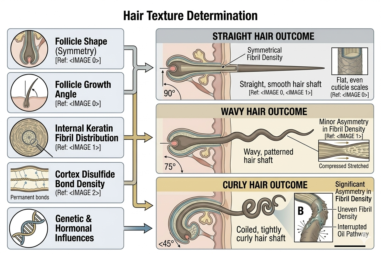 Summary diagram mapping biological determinants to curl pattern outcomes