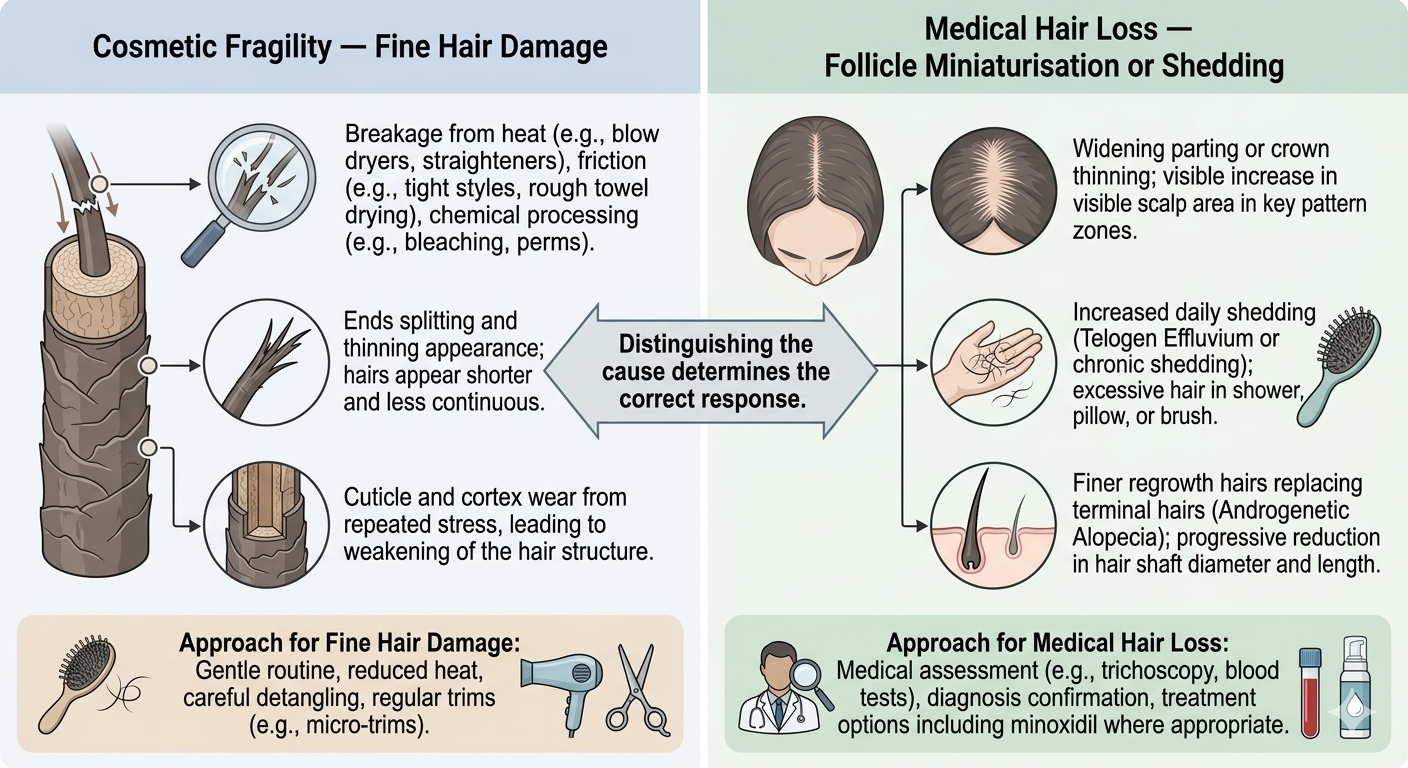 Summary diagram distinguishing cosmetic fragility from medical hair loss — and corresponding approaches