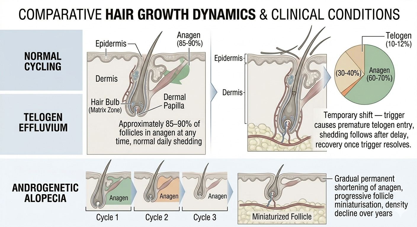 Summary diagram showing how cycle disruption explains three major hair conditions