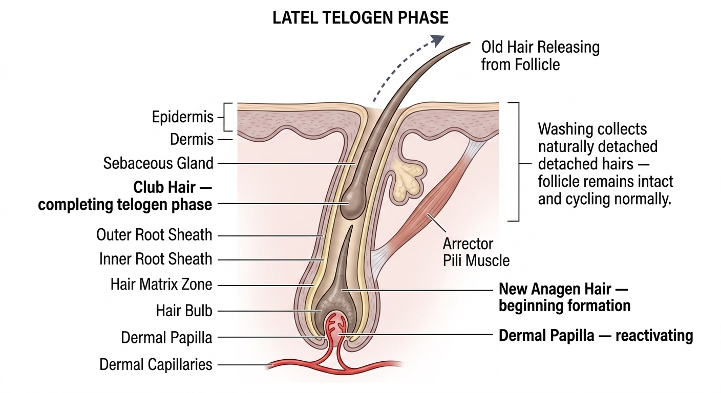 Diagram clarifying telogen shedding during washing as a normal cycle event