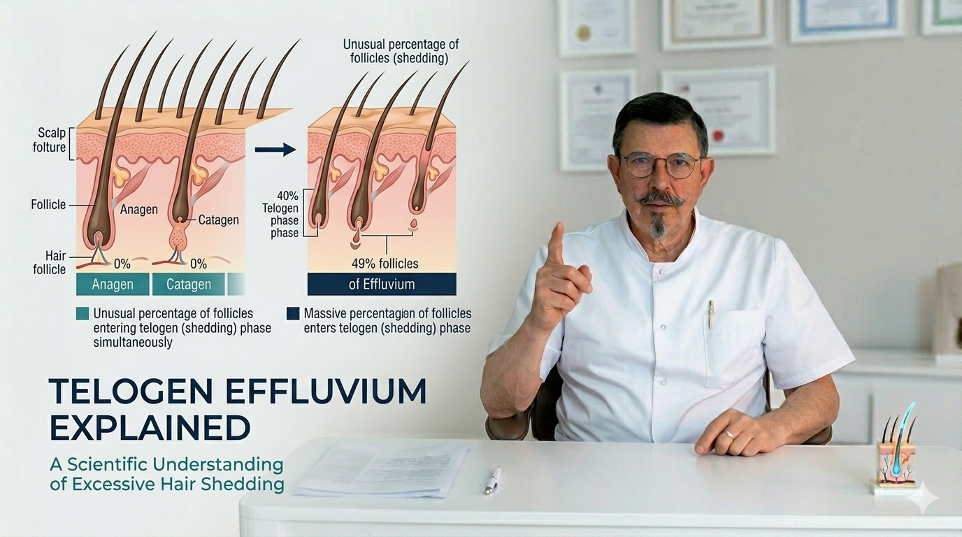  Illustration showing the hair growth cycle with an increased number of follicles entering the telogen resting phase, representing telogen effluvium