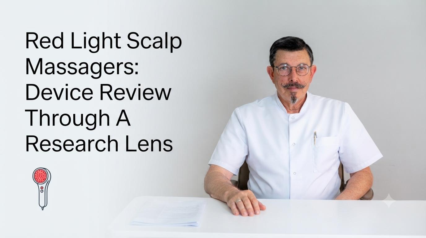 Red light scalp massagers device review through a research lens blog title on a clean background