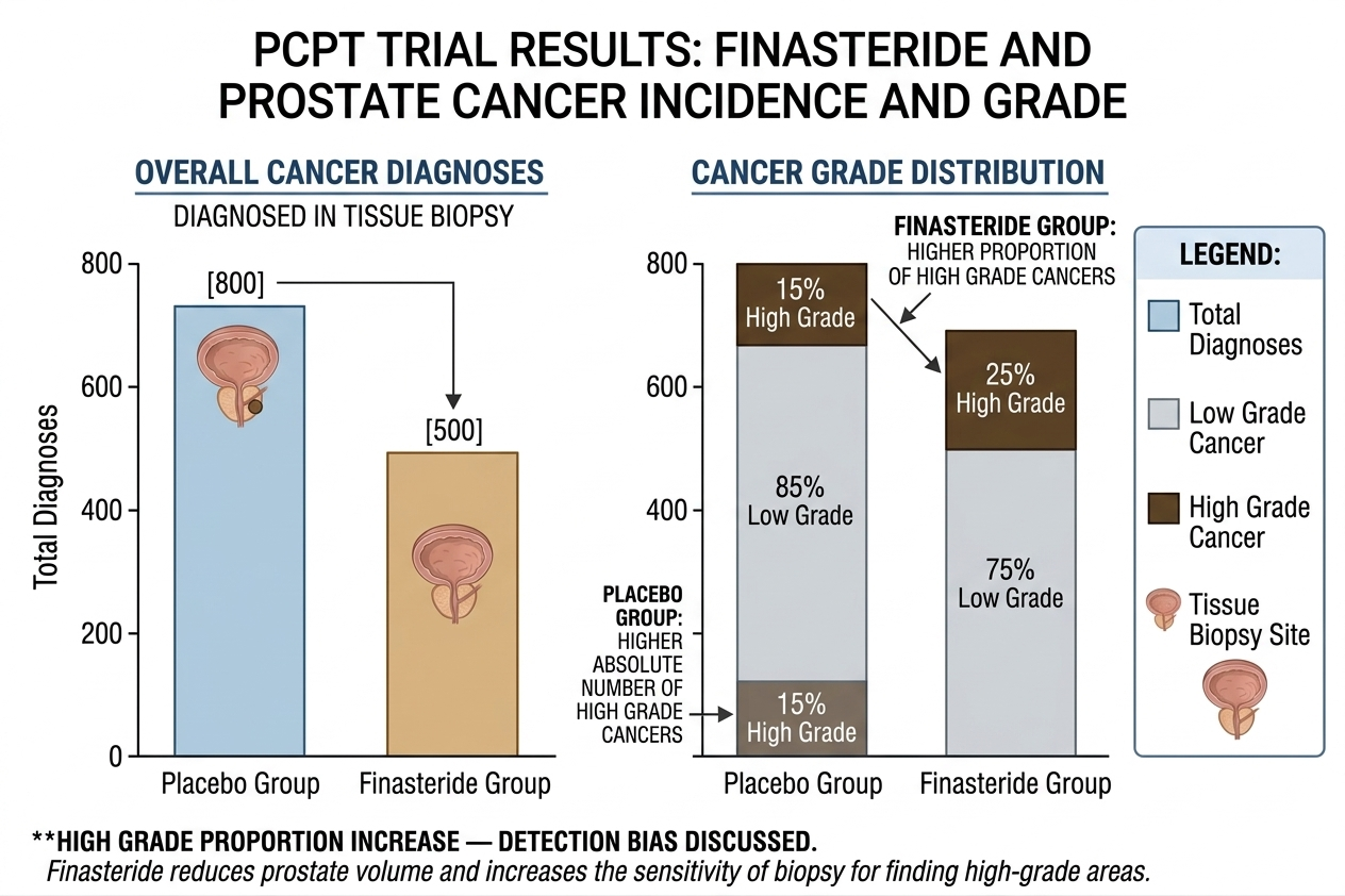 Diagram summarising PCPT trial findings — overall cancer reduction vs grade distribution