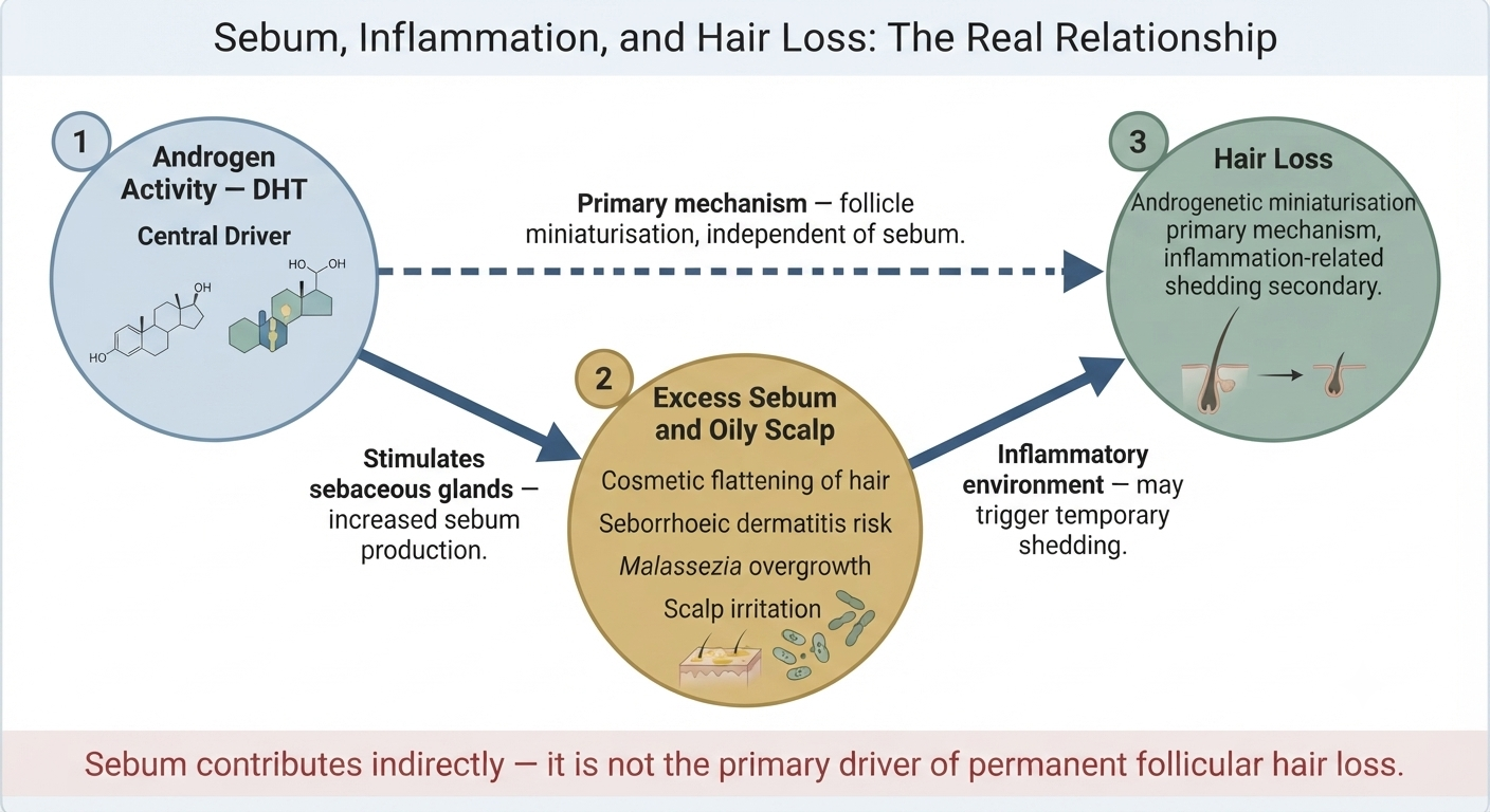 Summary diagram clarifying the true relationship between sebum, inflammation, and hair loss