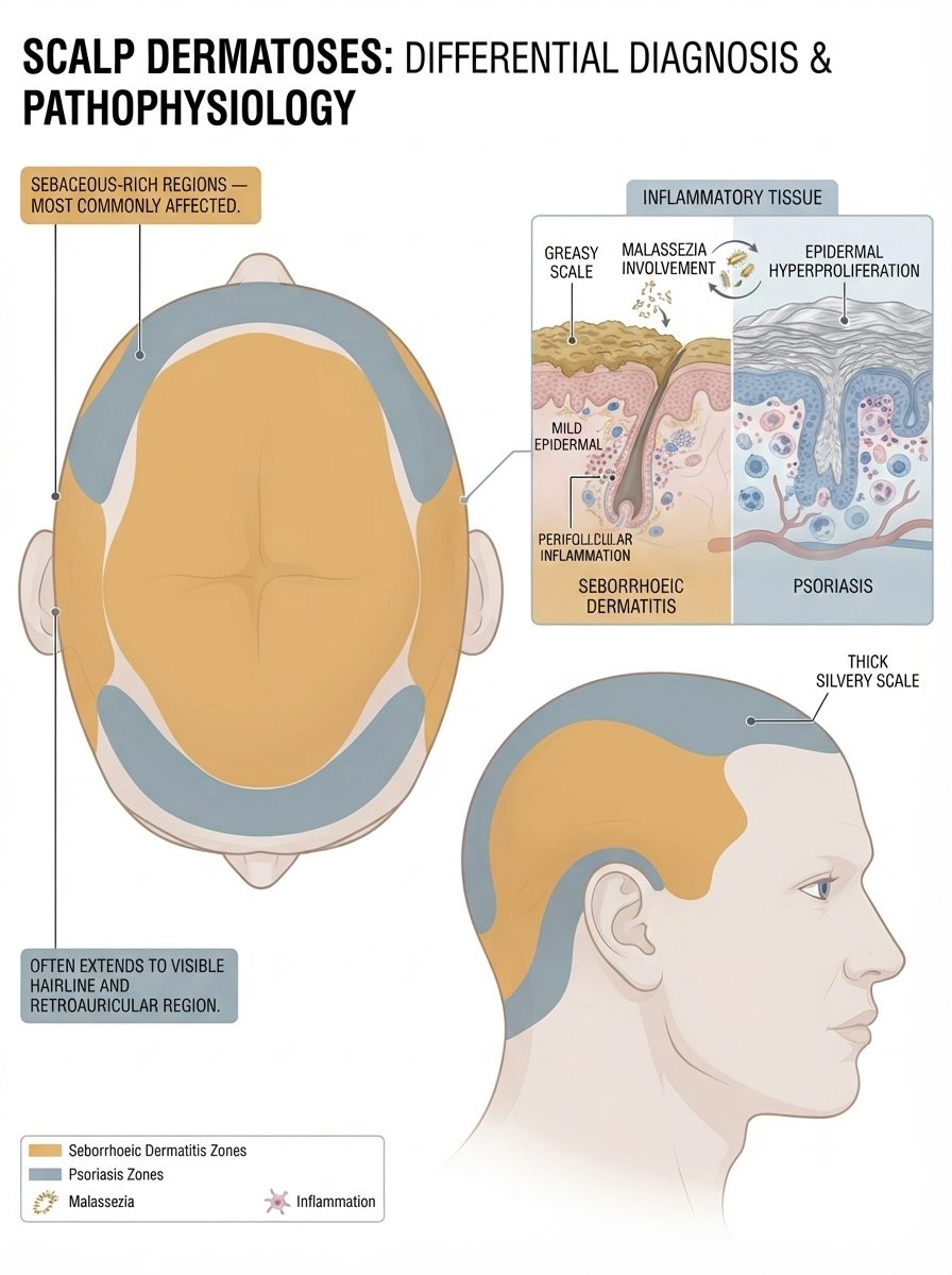 Diagram of scalp regions preferentially affected by seborrhoeic dermatitis and psoriasis