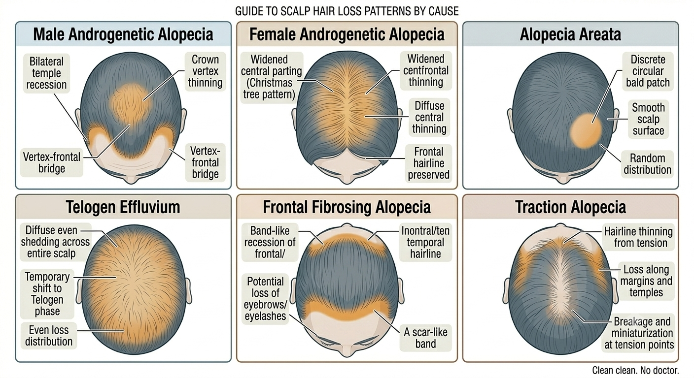 Scalp pattern diagram showing distribution patterns of different hair disorders