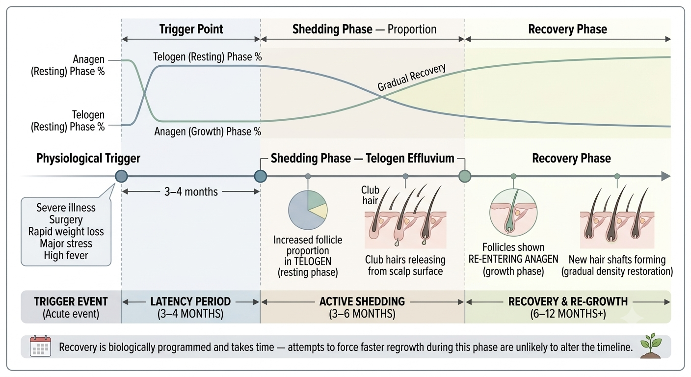 Diagram of telogen effluvium trigger-to-shedding timeline