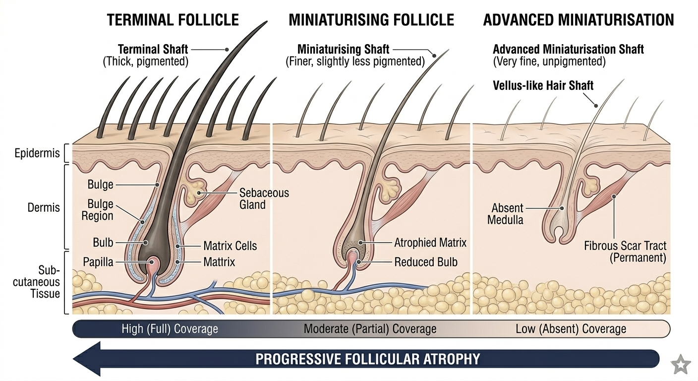 Summary diagram of the full progression from terminal hair to advanced miniaturisation