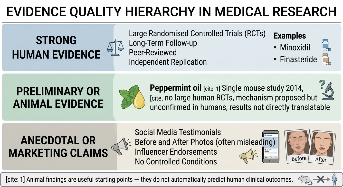 Evidence quality diagram comparing the mouse study to human clinical evidence standards