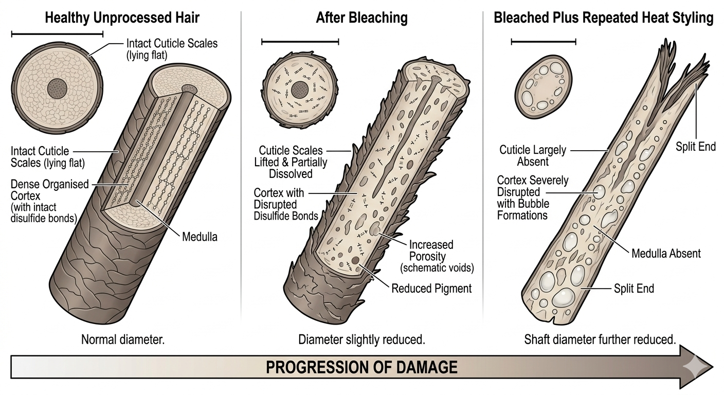 Diagram showing structural changes in hair shaft after bleaching and combined heat damage
