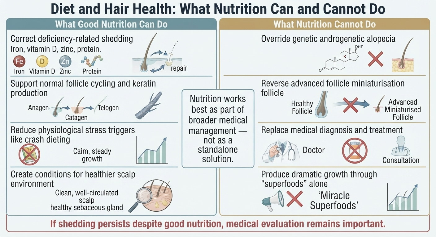 Summary diagram distinguishing dietary support from genetic hair loss — realistic expectations