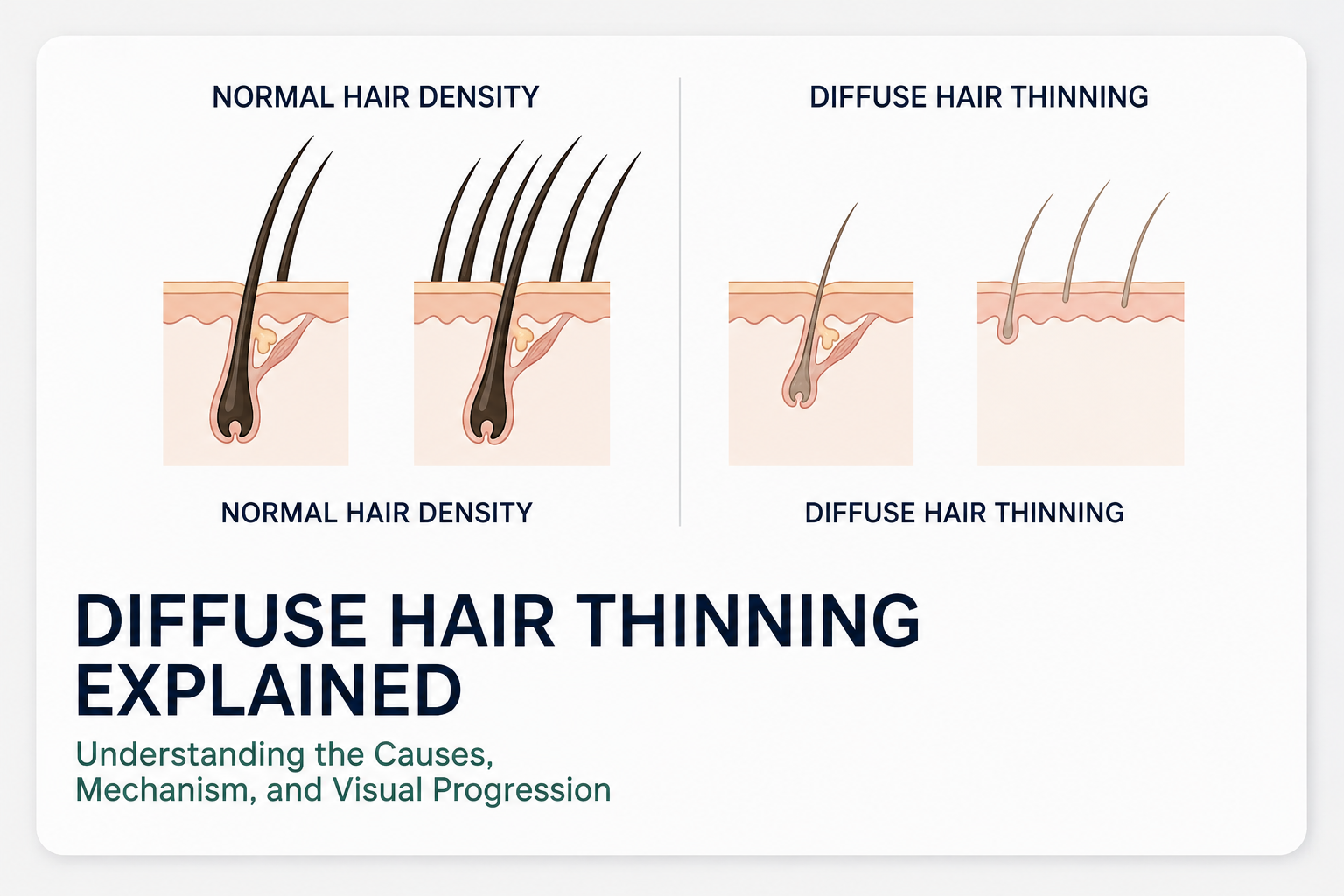 Illustration showing gradual reduction in hair density across the entire scalp, representing diffuse hair thinning without distinct bald patches