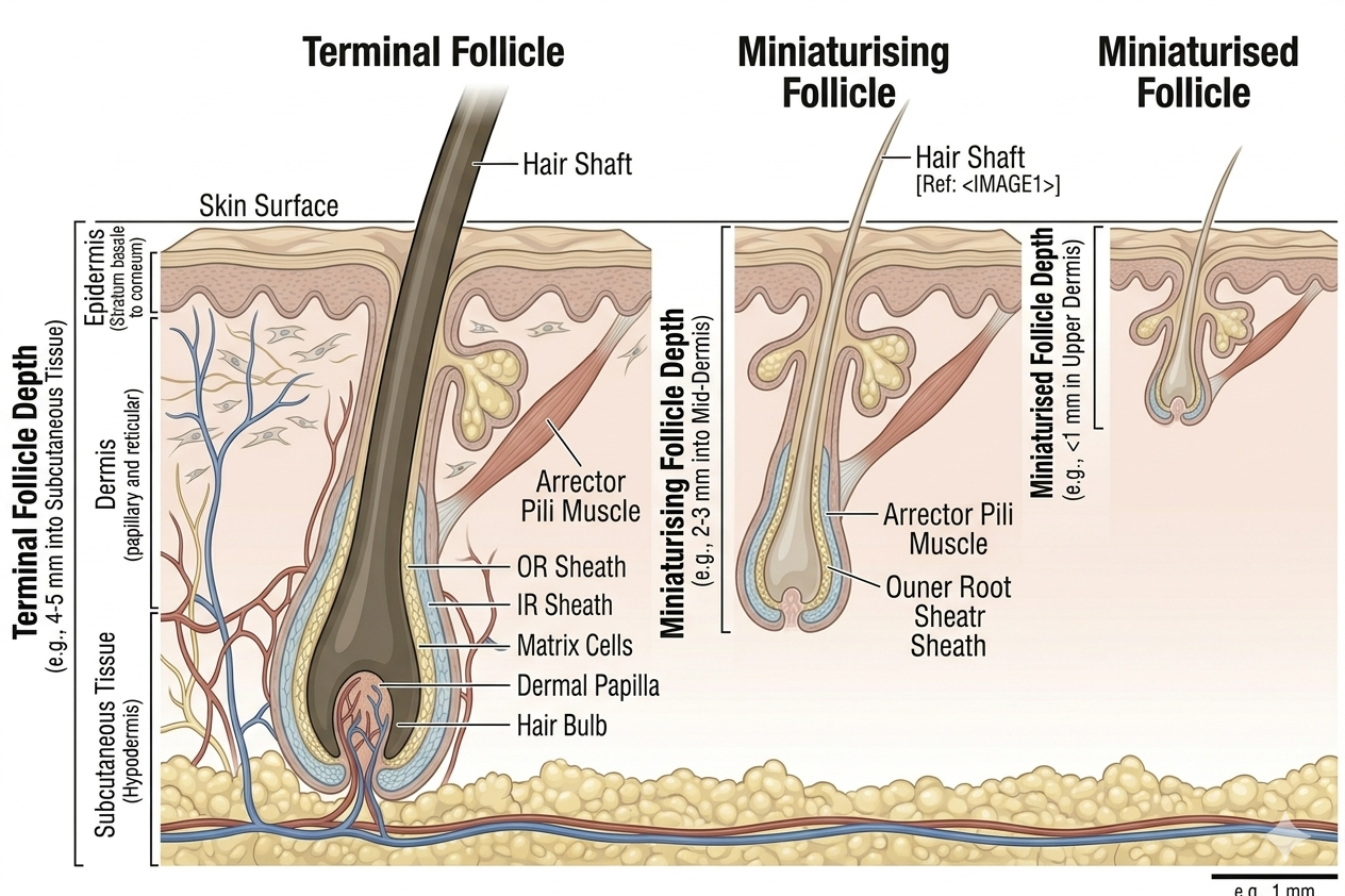 Diagram showing follicle depth regression across miniaturisation stages
