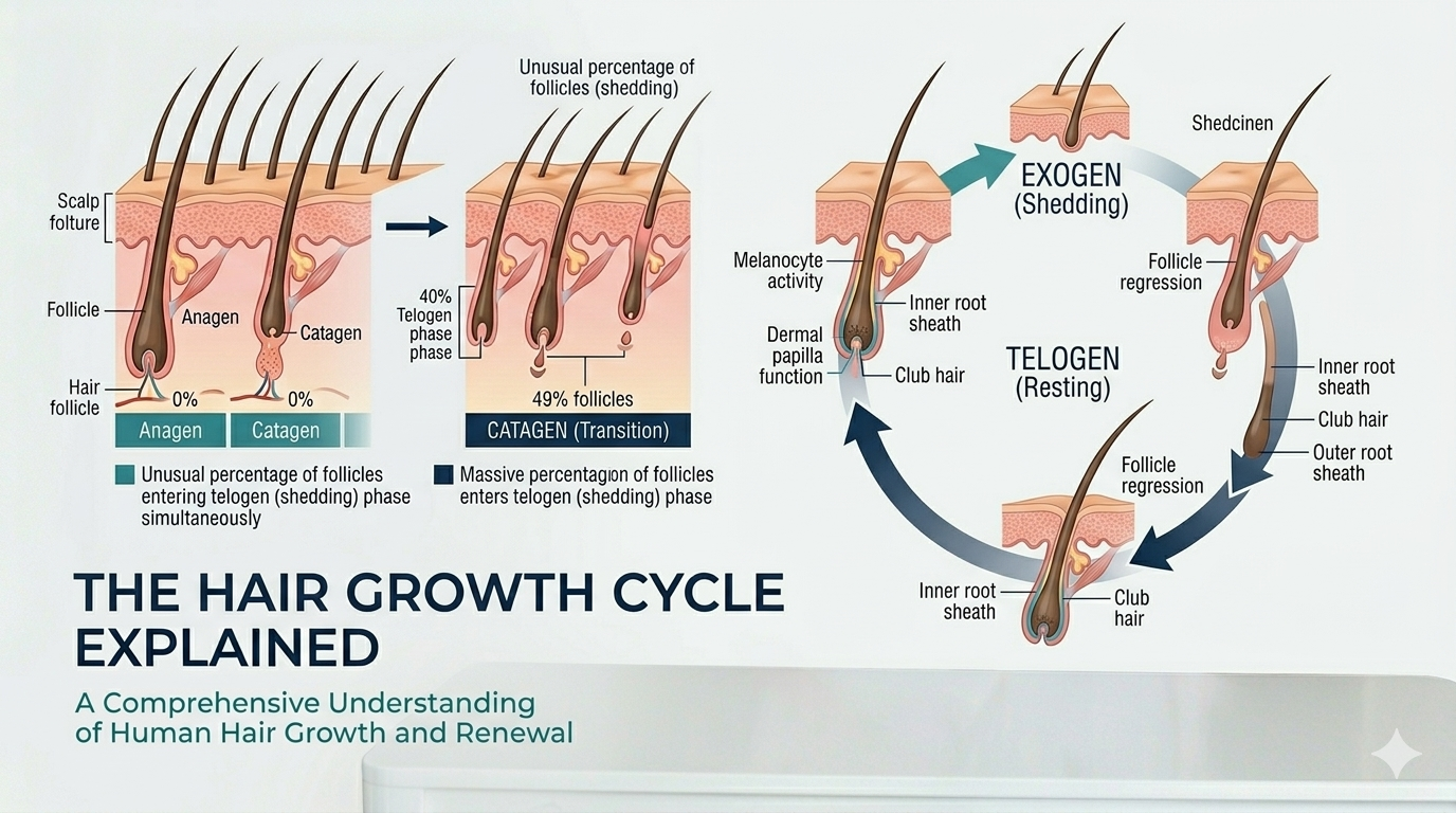 Diagram illustrating the three phases of the hair growth cycle — anagen, catagen, and telogen — showing follicle activity at each stage