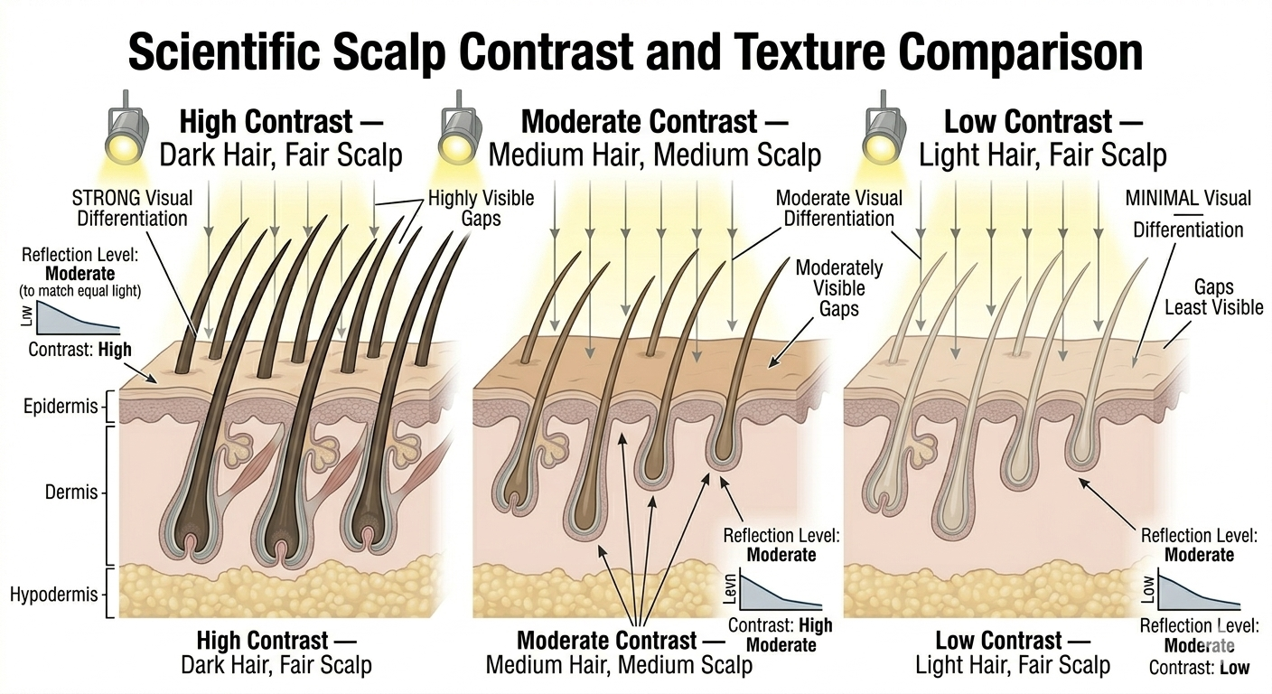 Diagram illustrating how hair-to-scalp colour contrast affects thinning visibility