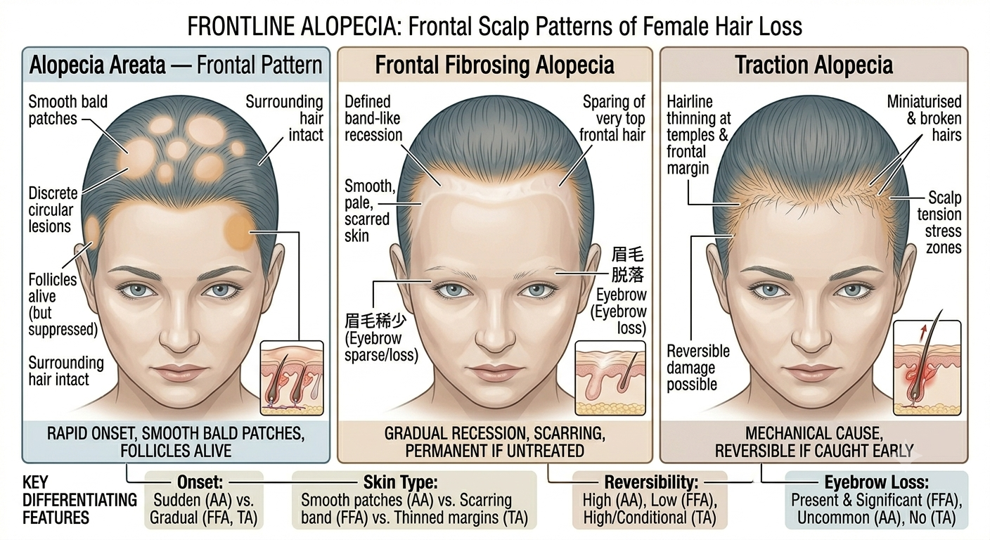Diagram distinguishing alopecia areata frontal pattern from FFA and traction alopecia