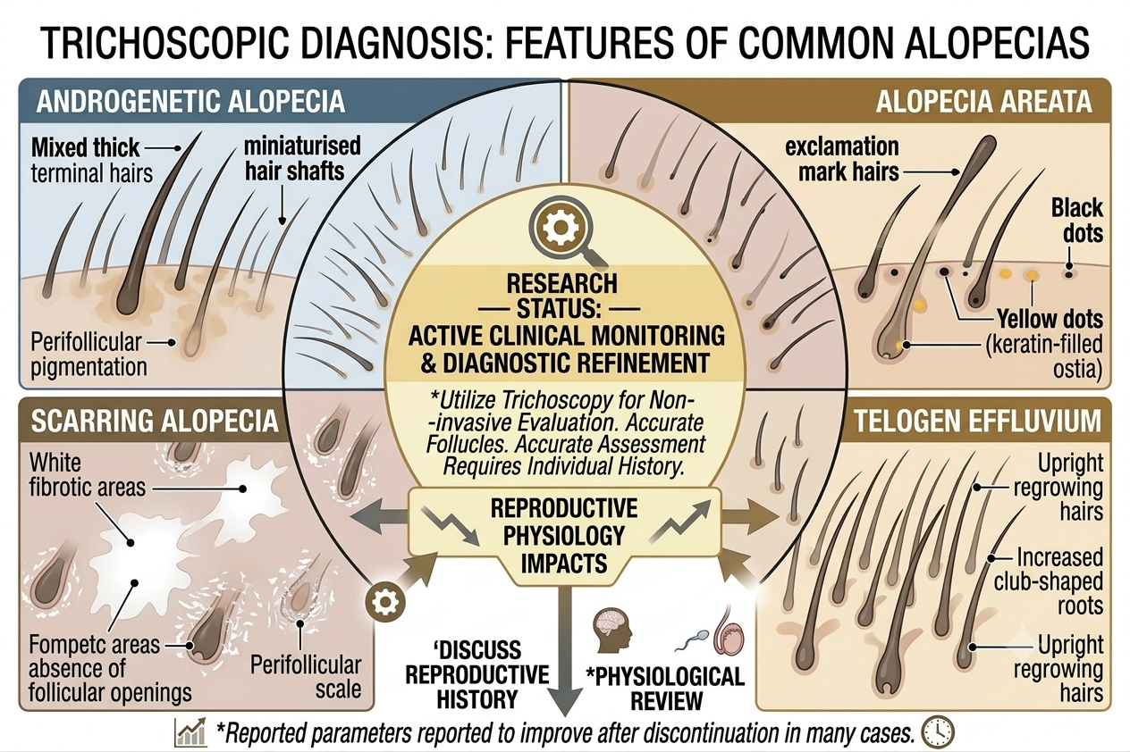 Diagram of trichoscopic findings across different hair disorders