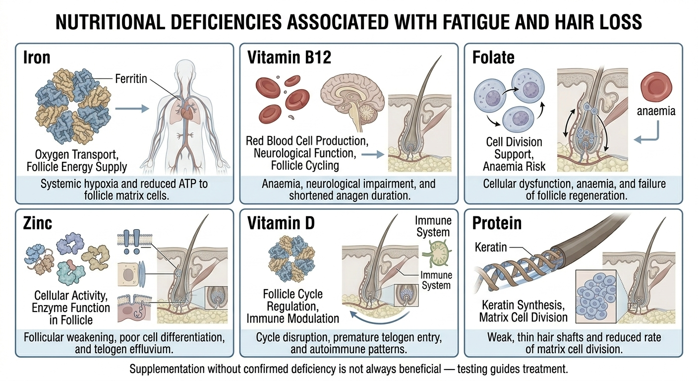 Infographic of key nutritional deficiencies associated with both fatigue and hair changes