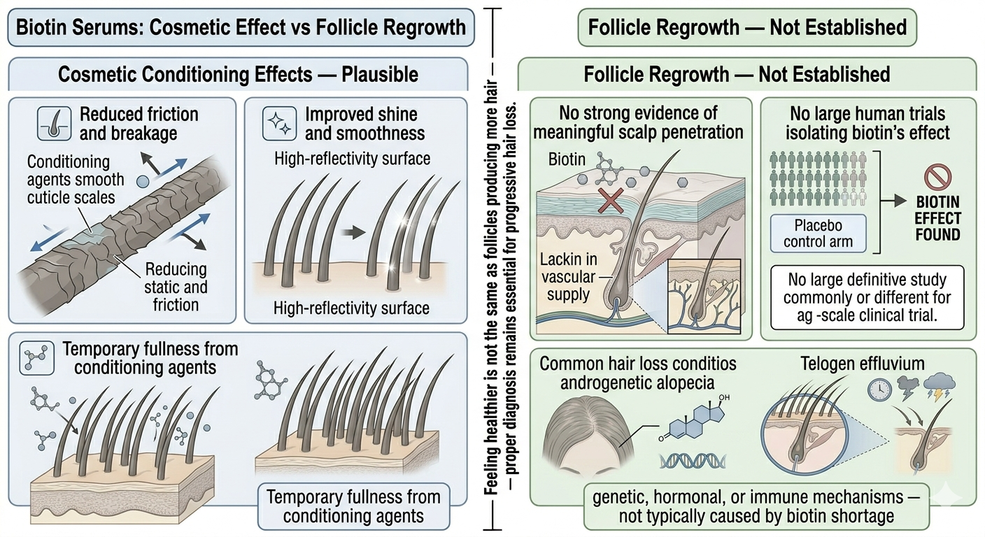 Summary diagram separating cosmetic conditioning effects from proven follicle regrowth