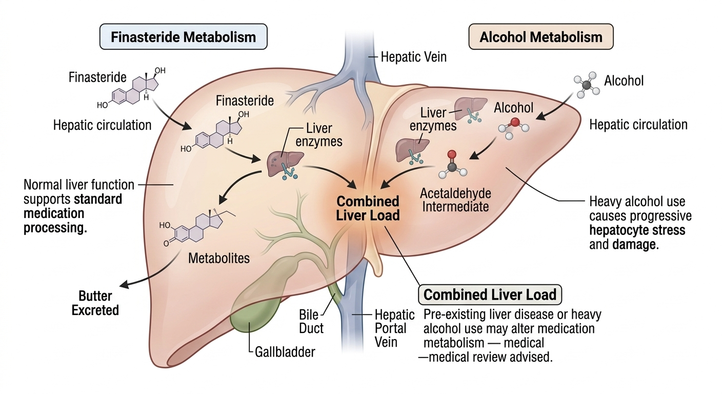 Diagram of finasteride hepatic metabolism and alcohol's effect on liver function