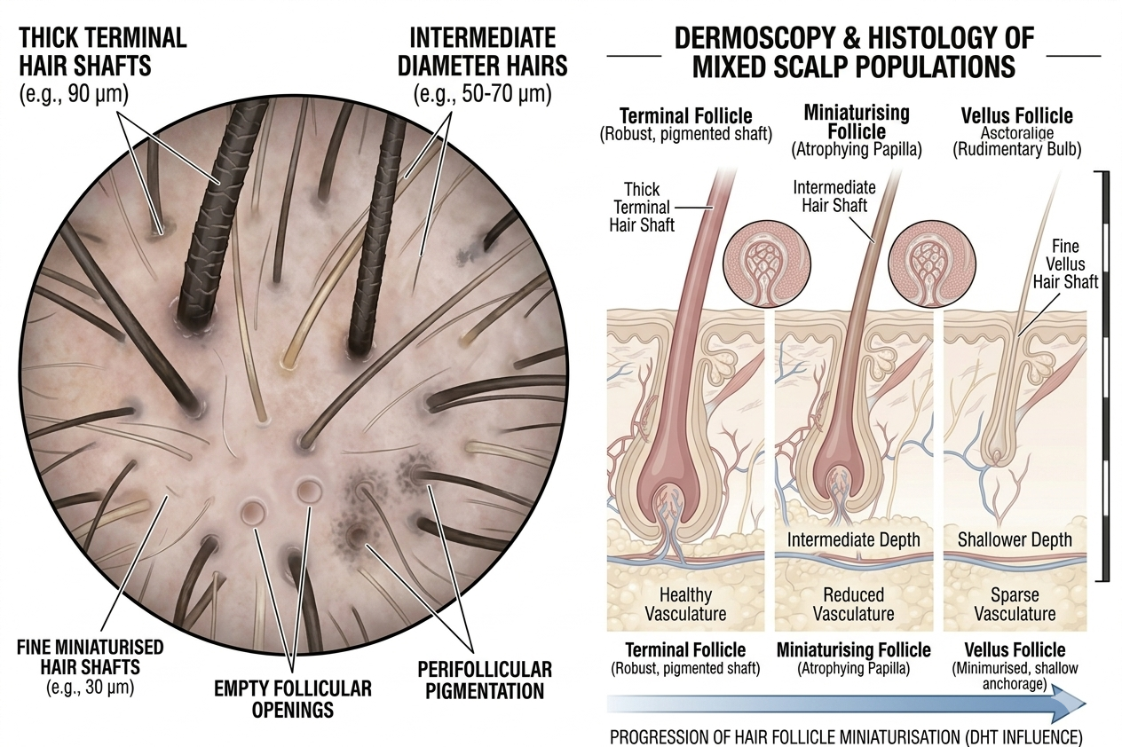 Diagram of dermoscopic findings in miniaturisation
