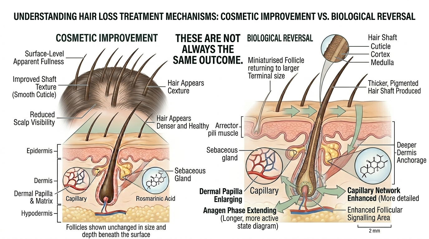 Diagram distinguishing cosmetic improvement from biological follicle reversal