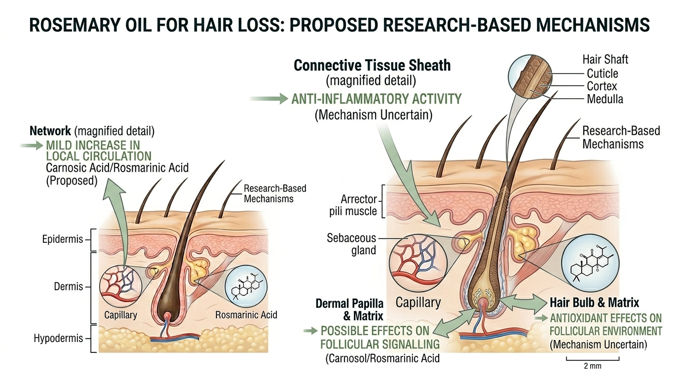 Diagram of proposed biological mechanisms of rosemary oil at follicle level