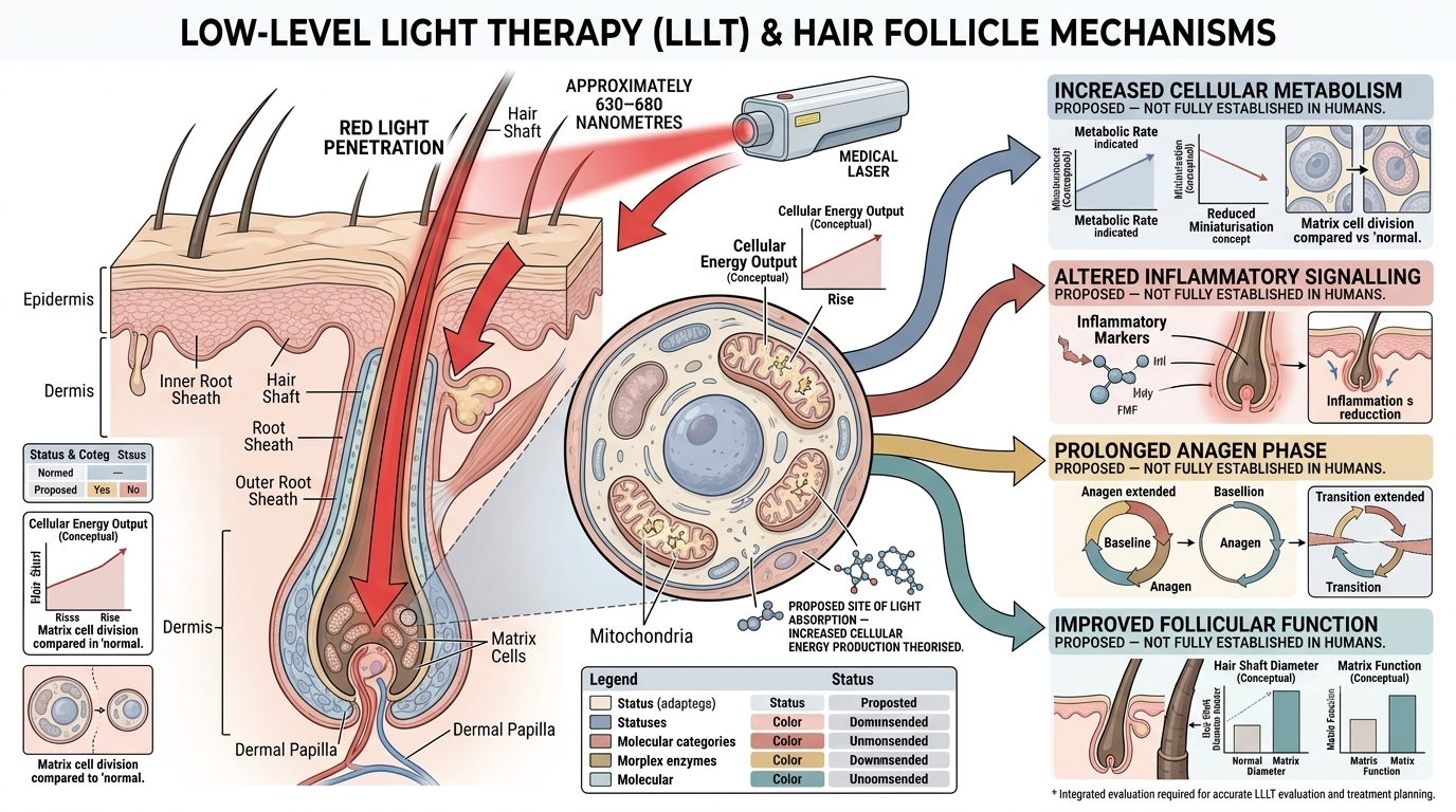 Diagram of the proposed cellular mechanism of LLLT on hair follicle cells