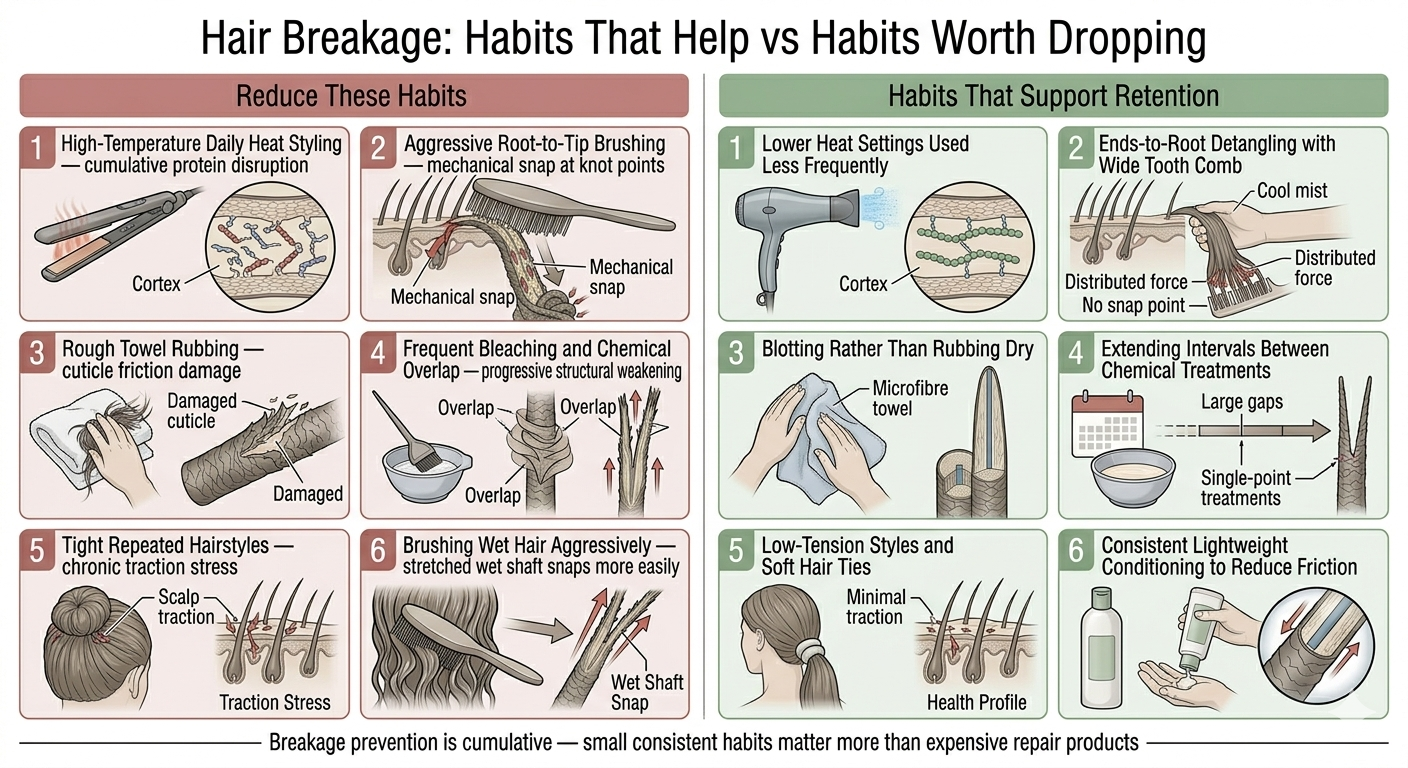 Summary diagram of breakage-reducing habits vs habits worth dropping
