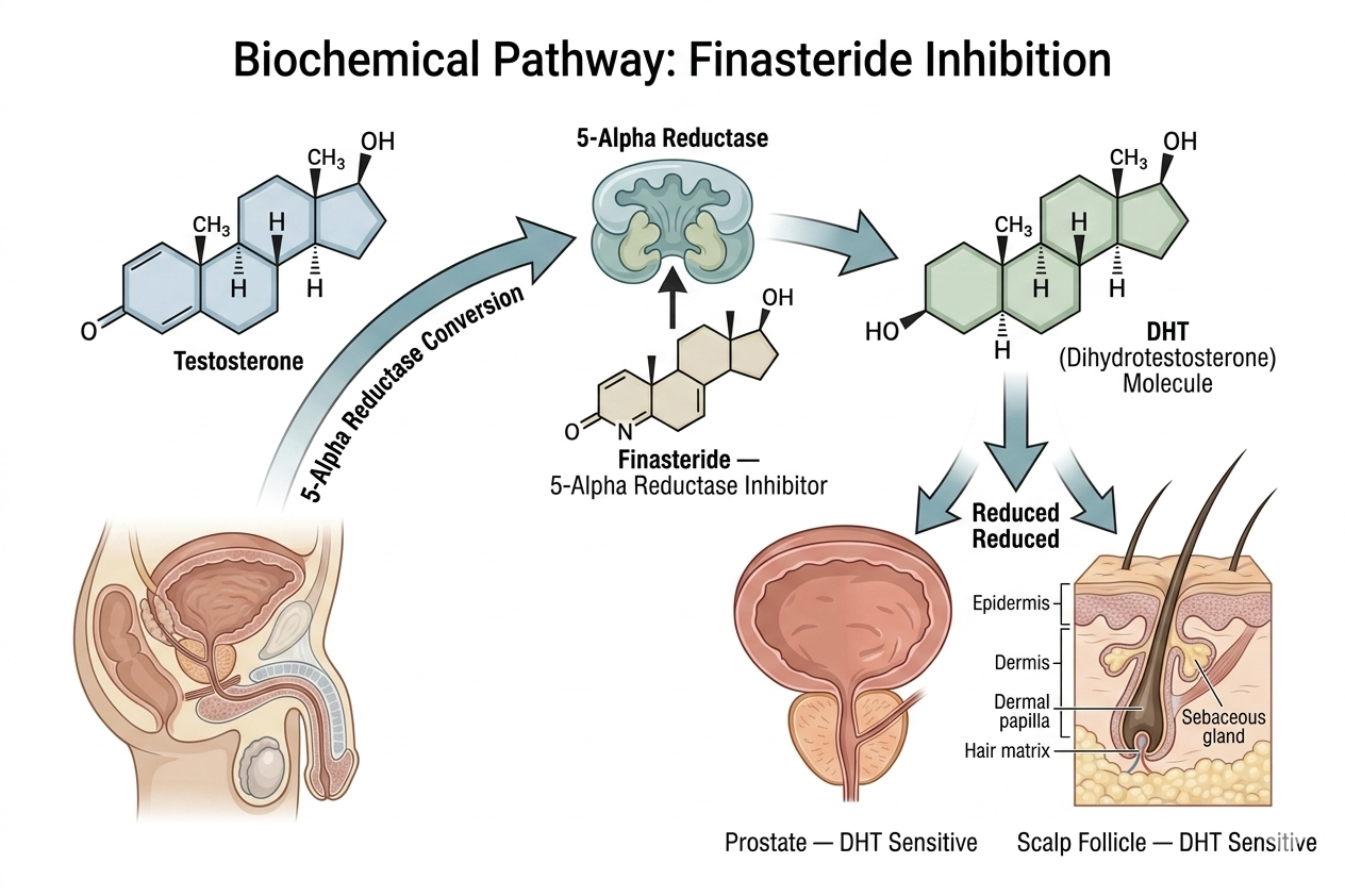 Diagram of finasteride's mechanism — 5-alpha reductase inhibition and DHT reduction
