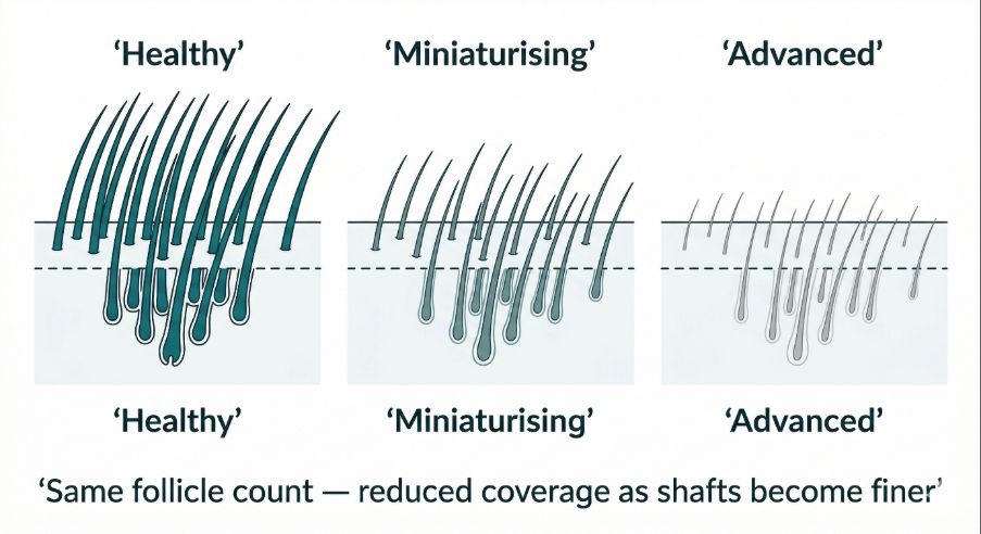 Changes in hair thickness due to follicle miniaturisation
