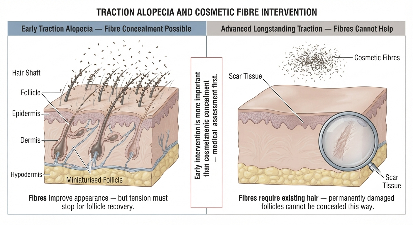 Diagram distinguishing what fibres can and cannot do in traction alopecia