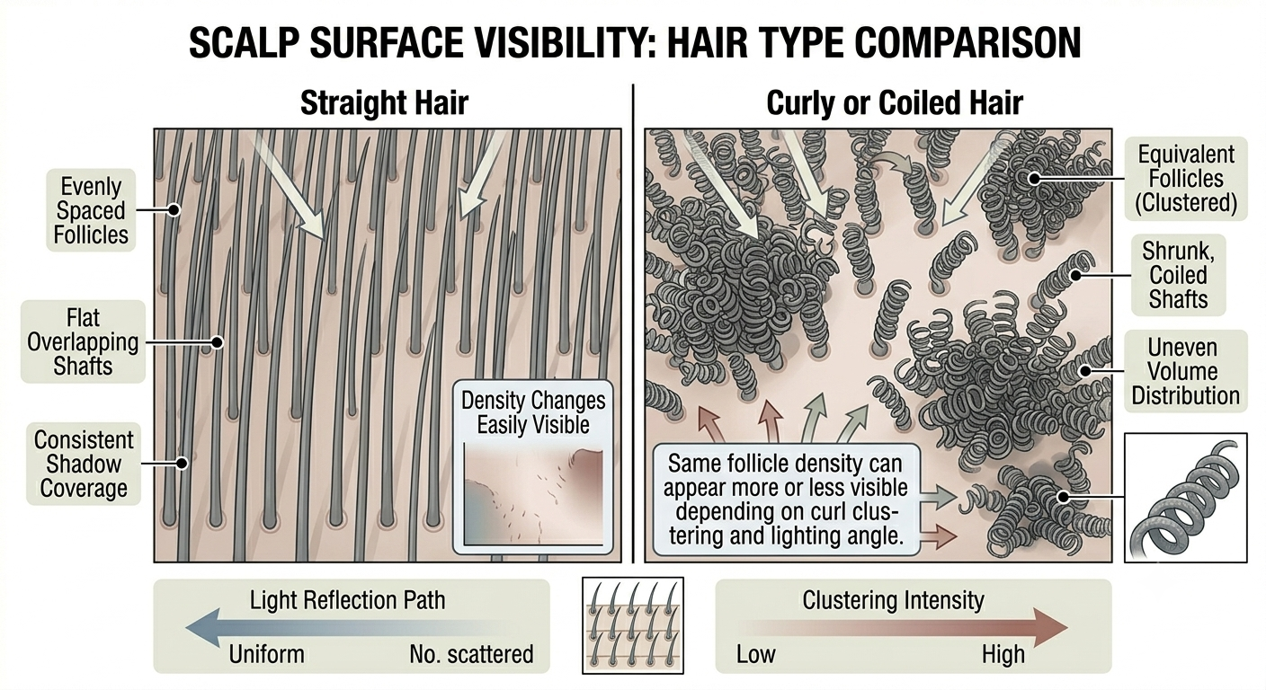Diagram showing how curl shape affects scalp coverage and light reflection differently from straight hair