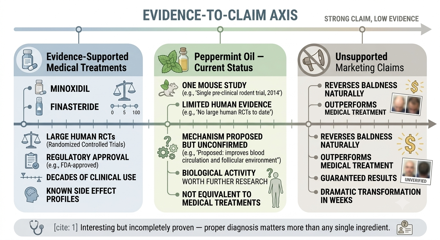 Summary diagram placing peppermint oil in honest context relative to evidence-supported treatments