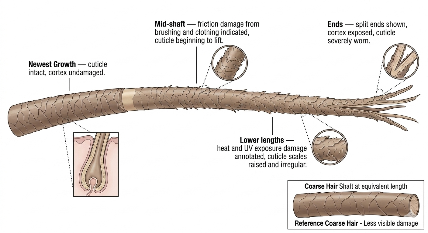 Diagram showing cumulative damage along a long fine hair shaft from root to tip
