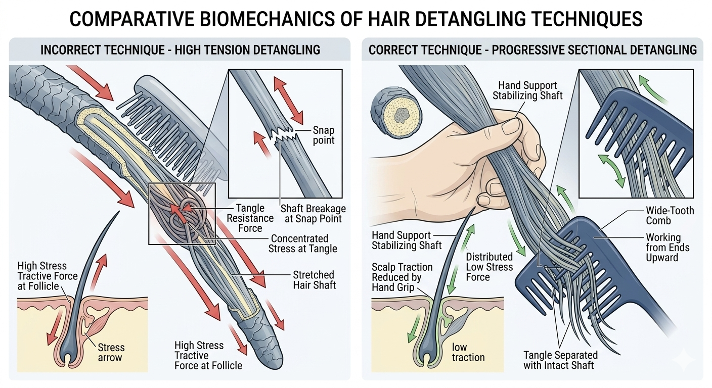 Diagram showing correct vs incorrect detangling technique and shaft stress